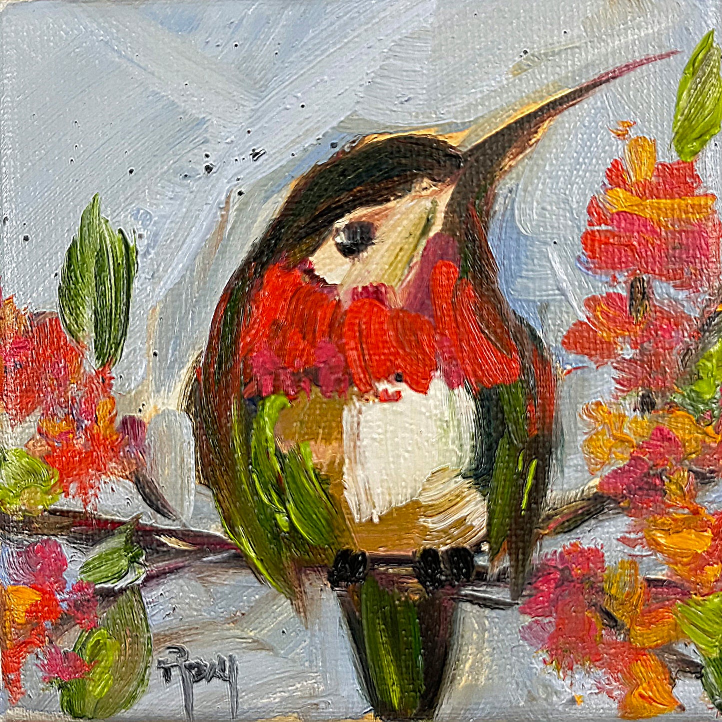 Peinture à l’huile originale mignonne de colibri roux 4x4 encadrée