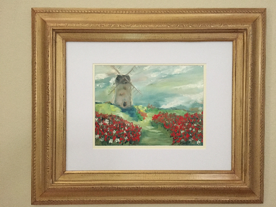 Windmill in a Poppy Field Original Oil Landscape Painting Framed