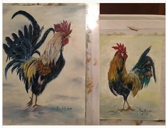 Qui appelles-tu poulet ? Peinture à l’huile originale de coq Français 12 x 9 encadrée