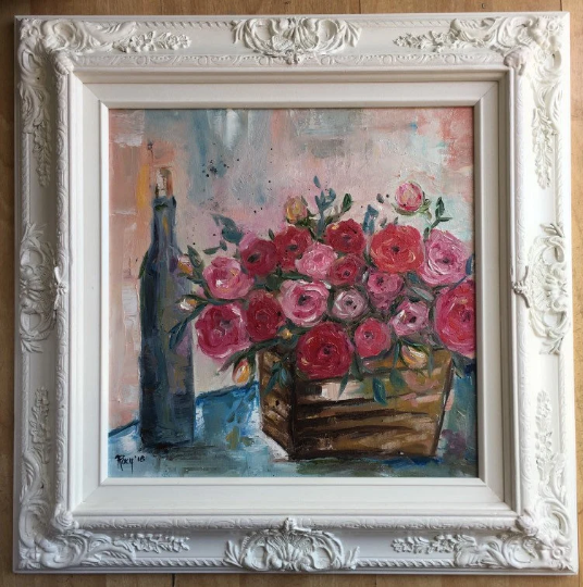 Wine and Pink Ranunculas-Original Oil Painting