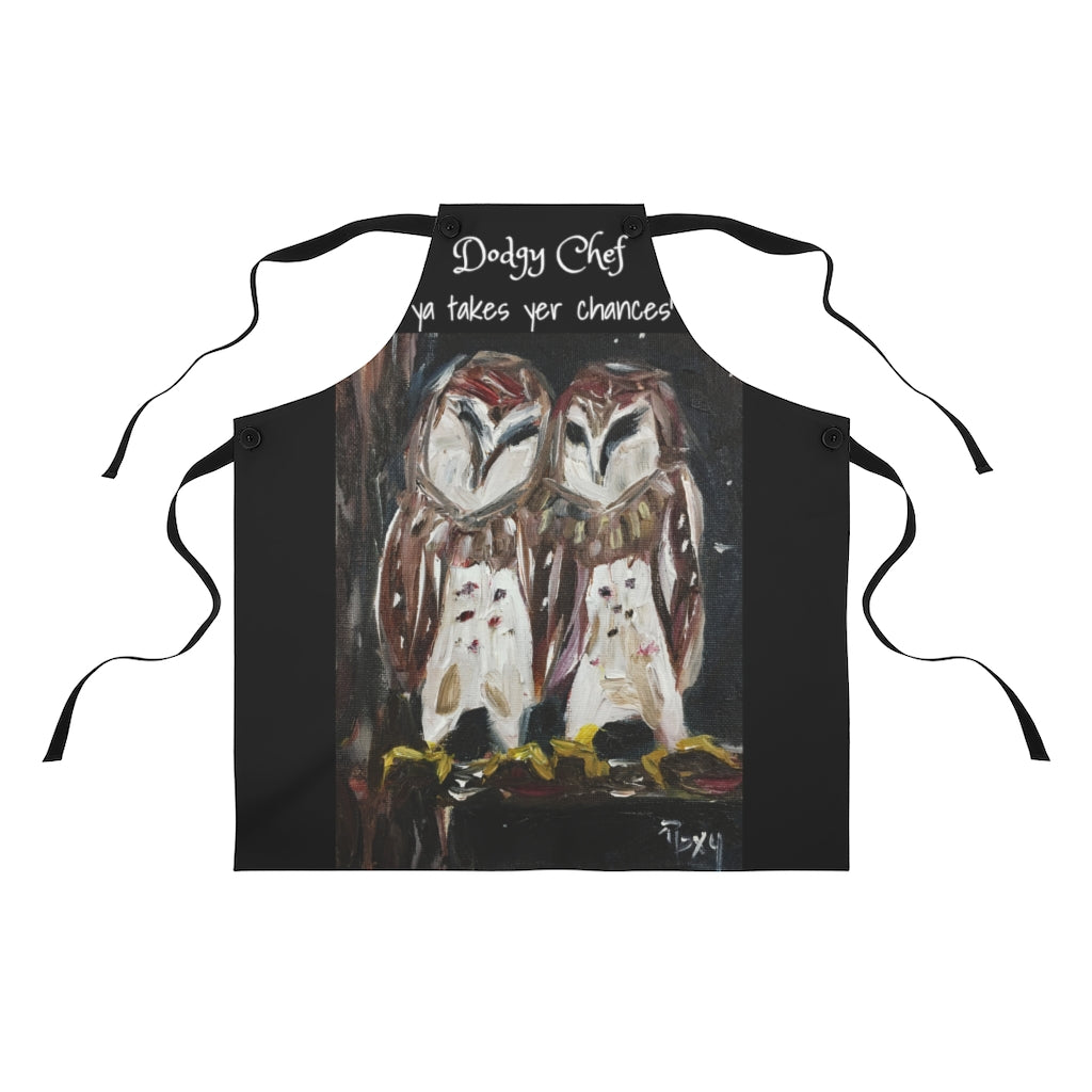 Dodgy Chef Apron funny British UK phrase saying on a Black Kitchen Apron  with Original  Owl Painting Art Print Wearable Art