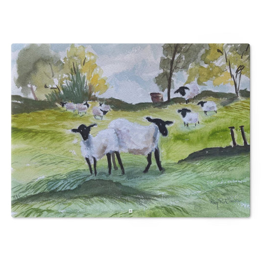 Sheep in the Countryside Glass Cutting Board