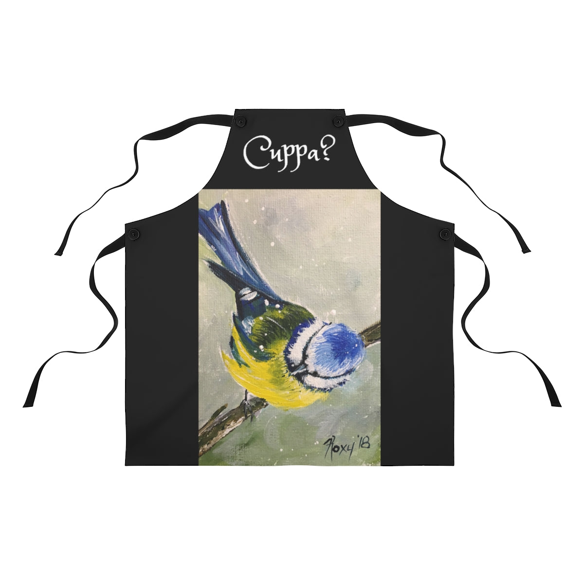 Cuppa? English UK phrase saying on a Black Kitchen Apron  with   Blue Tit  in the Snow
