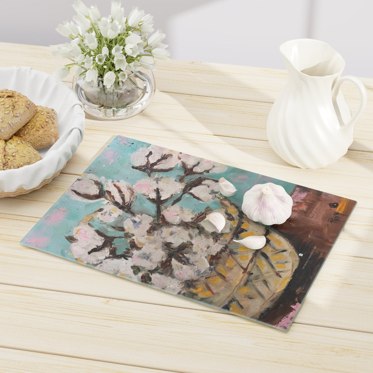 Basket of Fluffy Cotton Glass Cutting Board