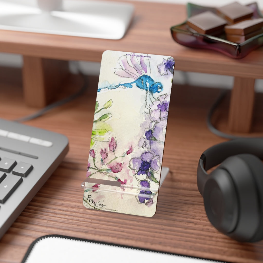 Blue Dragonfly on Purple Tube flowers Phone Stand