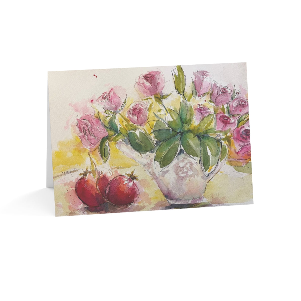 Pink Roses and Pomegranates Greeting Cards