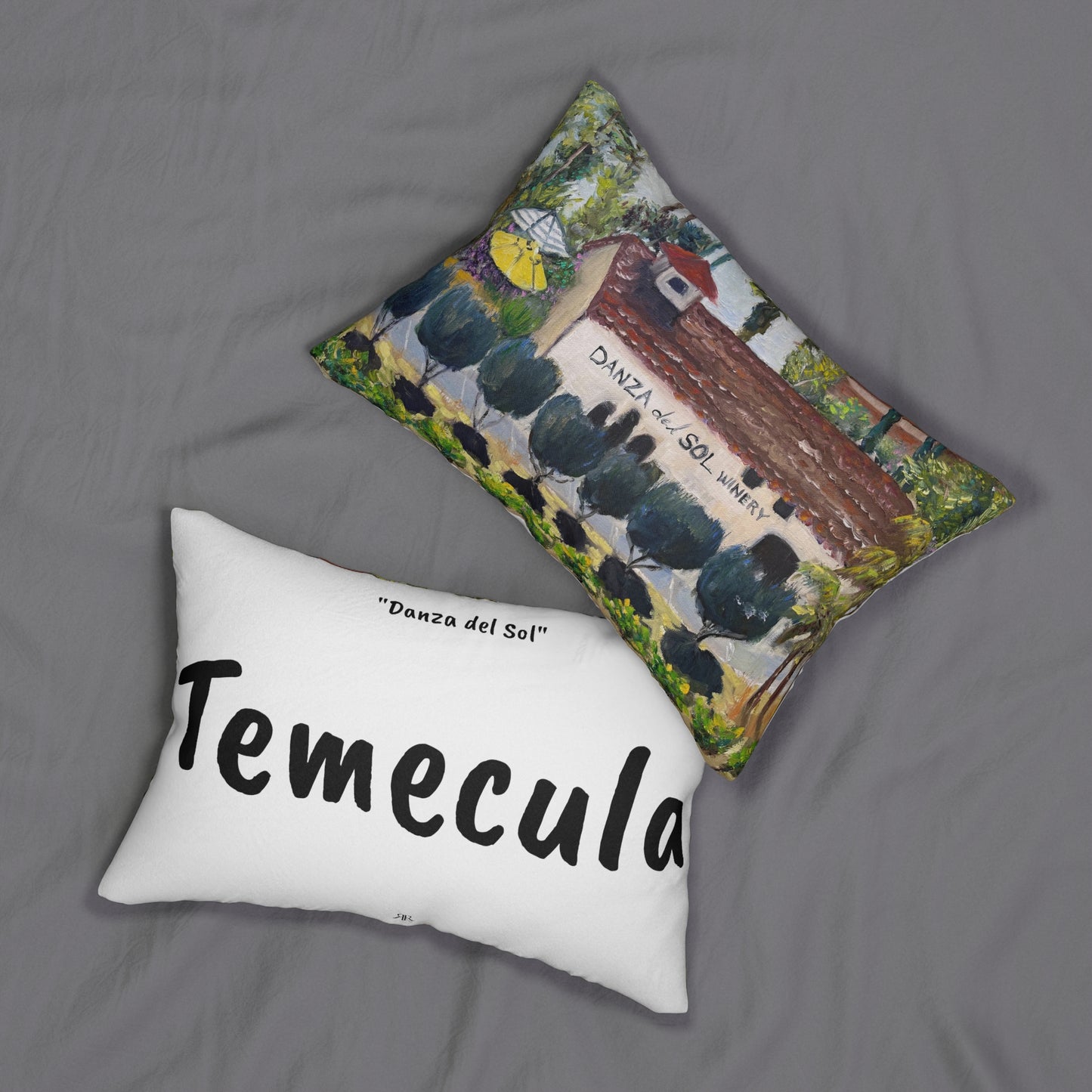 Temecula Lumbar Pillow featuring "Danza del Sol" painting and "Temecula"