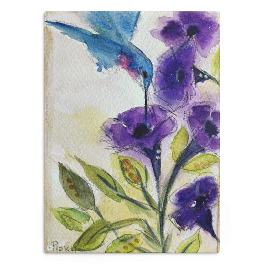 Planche à découper en verre Colibri avec fleurs violettes