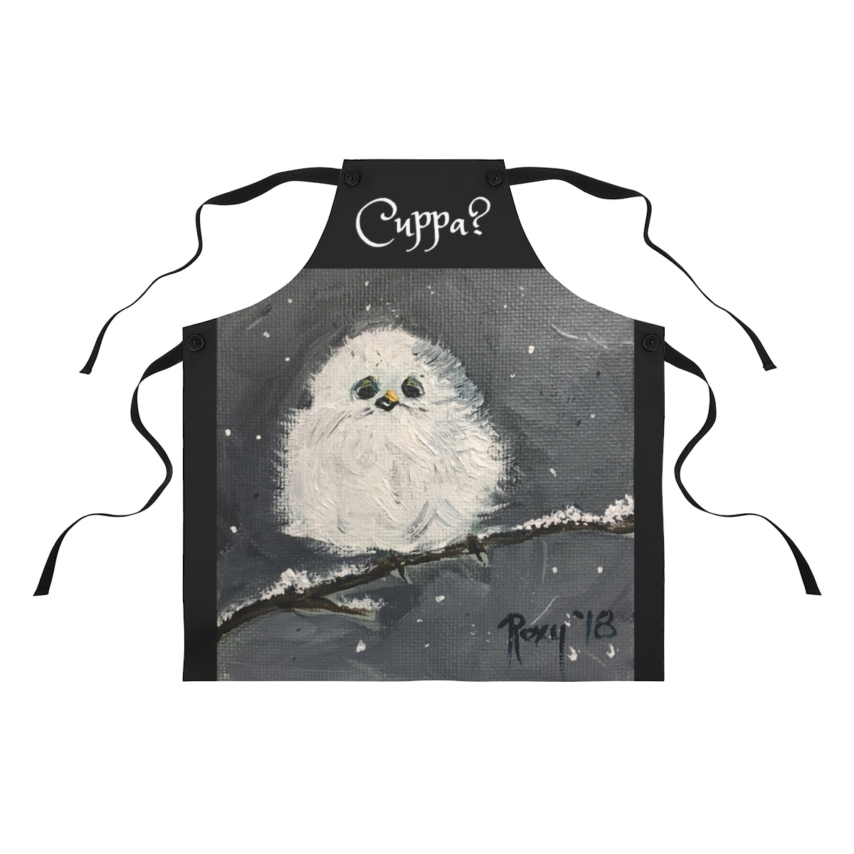 Cuppa? English UK phrase saying on a Black Kitchen Apron  with   Baby Tit  Bird in the Snow