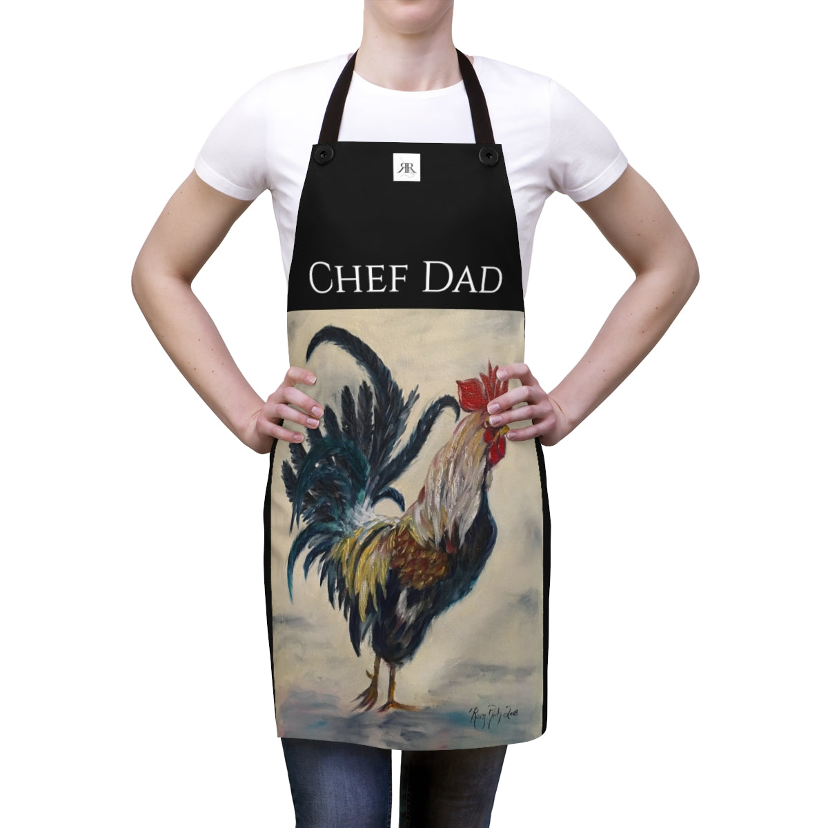 Chef Dad Original Rooster Painting  Printed on Black Apron