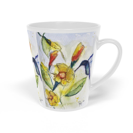 Taza para café con leche con diseño de colibrí azul y flores de tubo amarillo, 12 oz