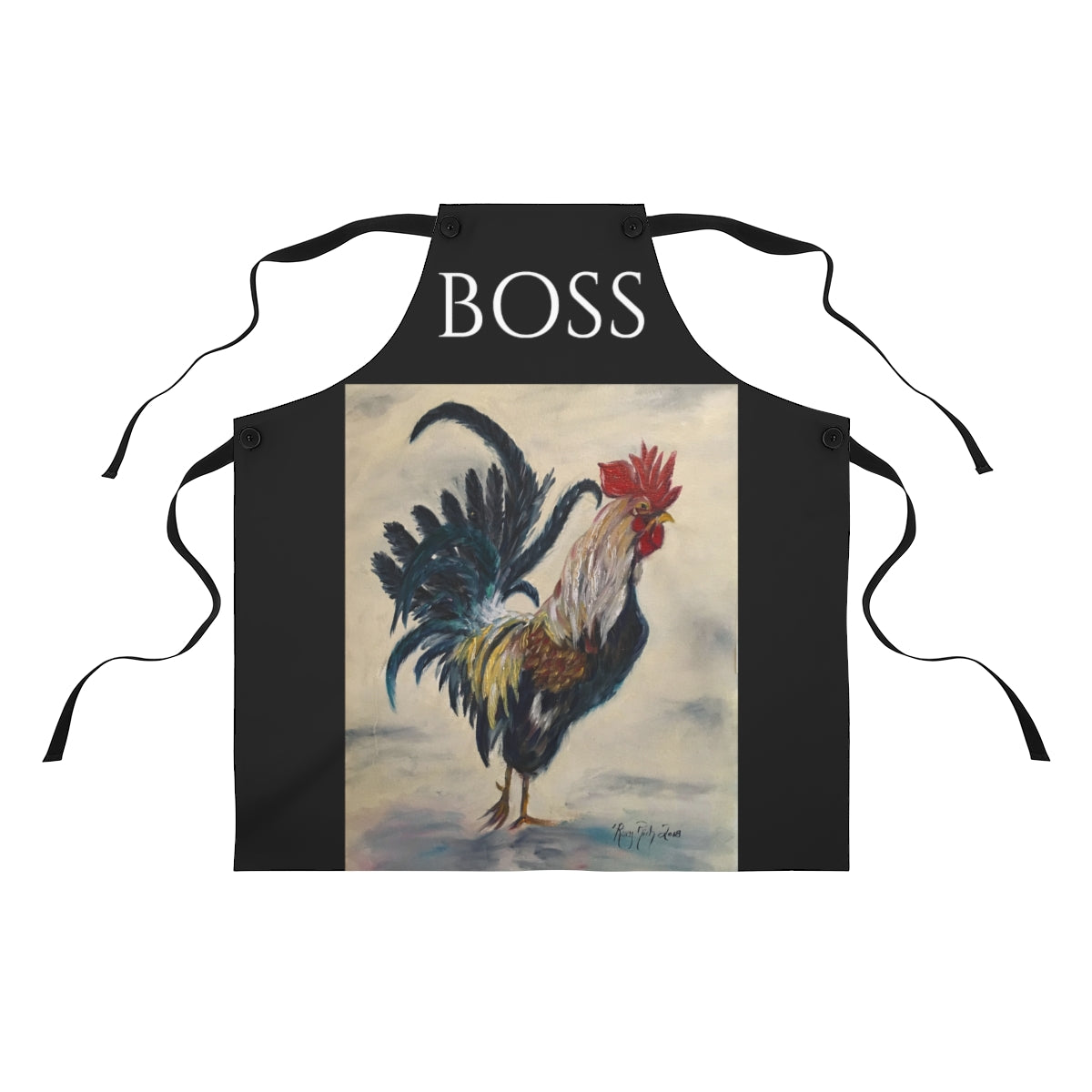 Pintura original de gallo impresa en un accesorio de cocina de delantal negro con arte original