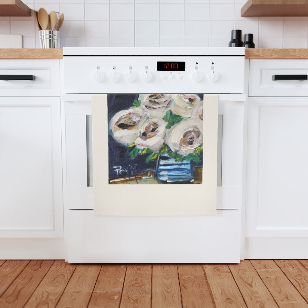 Organic Vegan Cotton Tea Towel with Happy Kitchen and Original White Roses Oil  painting printed on it.