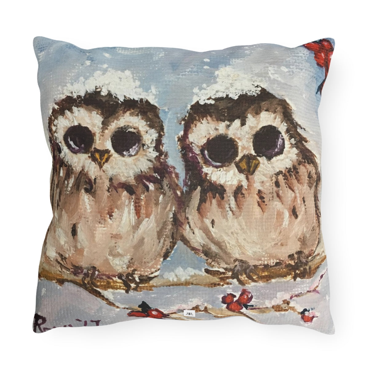 Adorable Baby Owls in Snow Outdoor Pillows