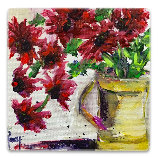 Red Flowers in a Yellow Pitcher Square Magnet