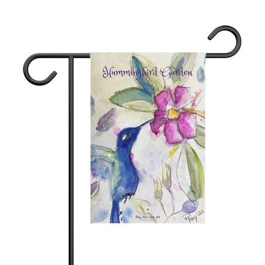 Colibrí de acuarela floral suelto original de Hummingbird Garden impreso en un estandarte de jardín