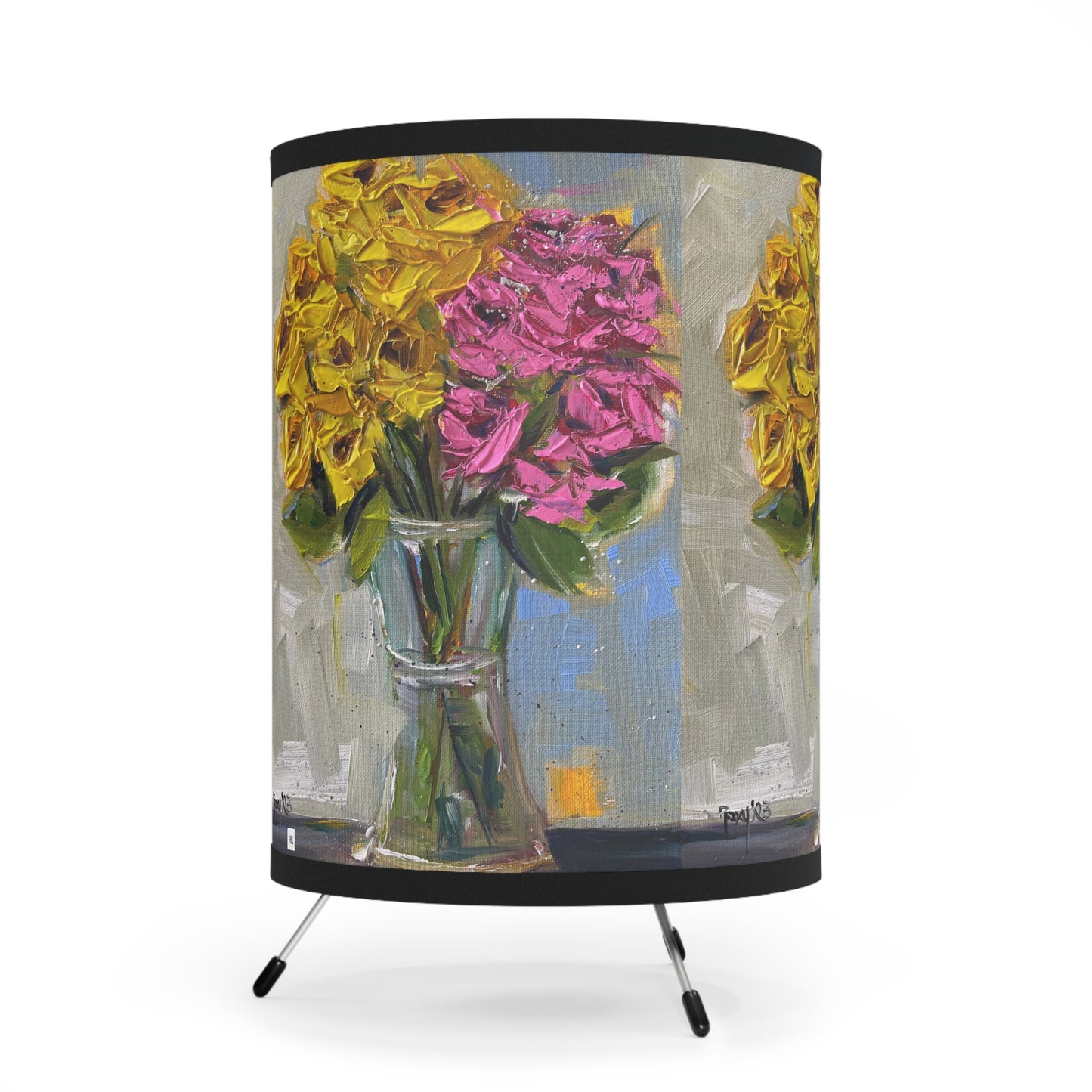 Pink and Yellow Roses Tripod Lamp