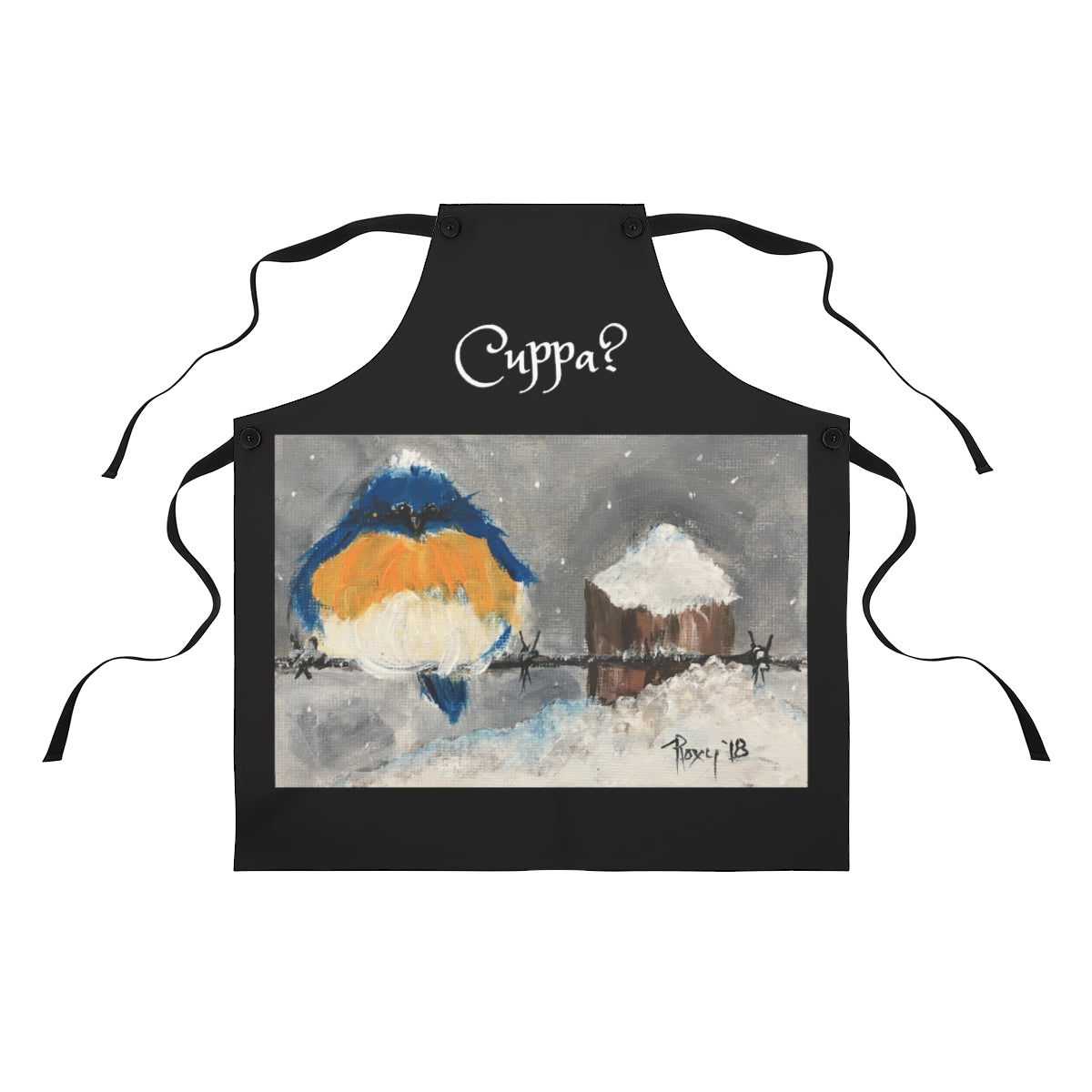 Cuppa? English UK Black Kitchen Apron  with  Bluebird in the Snow Painting