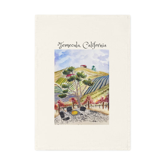 Torchon en coton végétalien biologique Peinture originale de paysage de Temecula California Wine Country imprimée dessus.