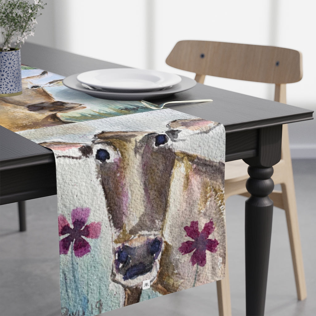 Adorable Loose Watercolor Cow Paintings printed on Table Runner for the Cow Lover Moo