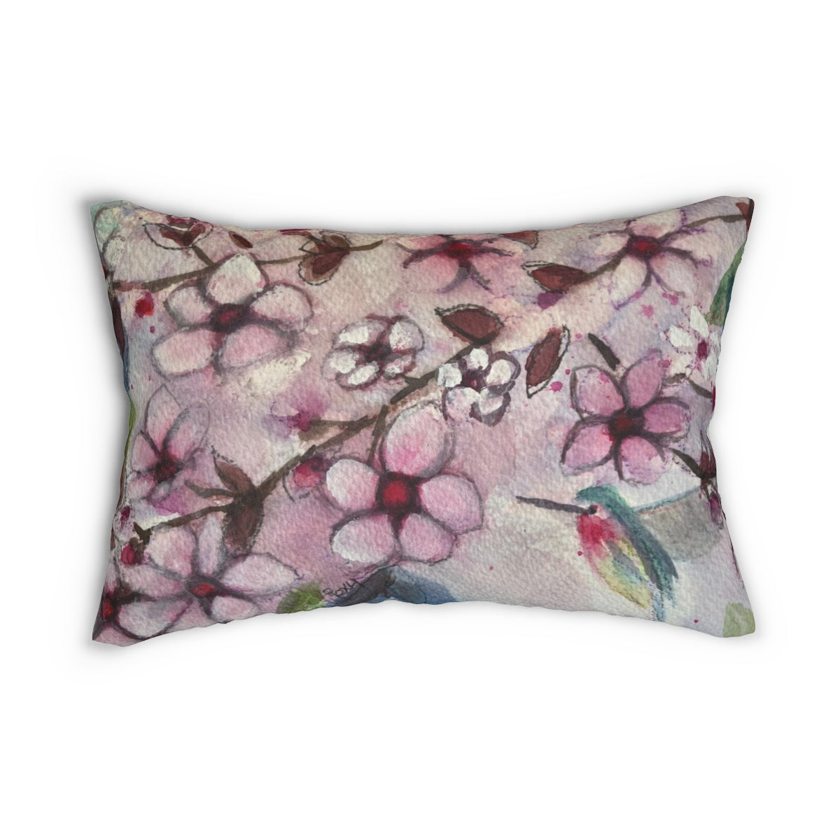 Hummingbird in Cherry Blossoms Lumbar Pillow