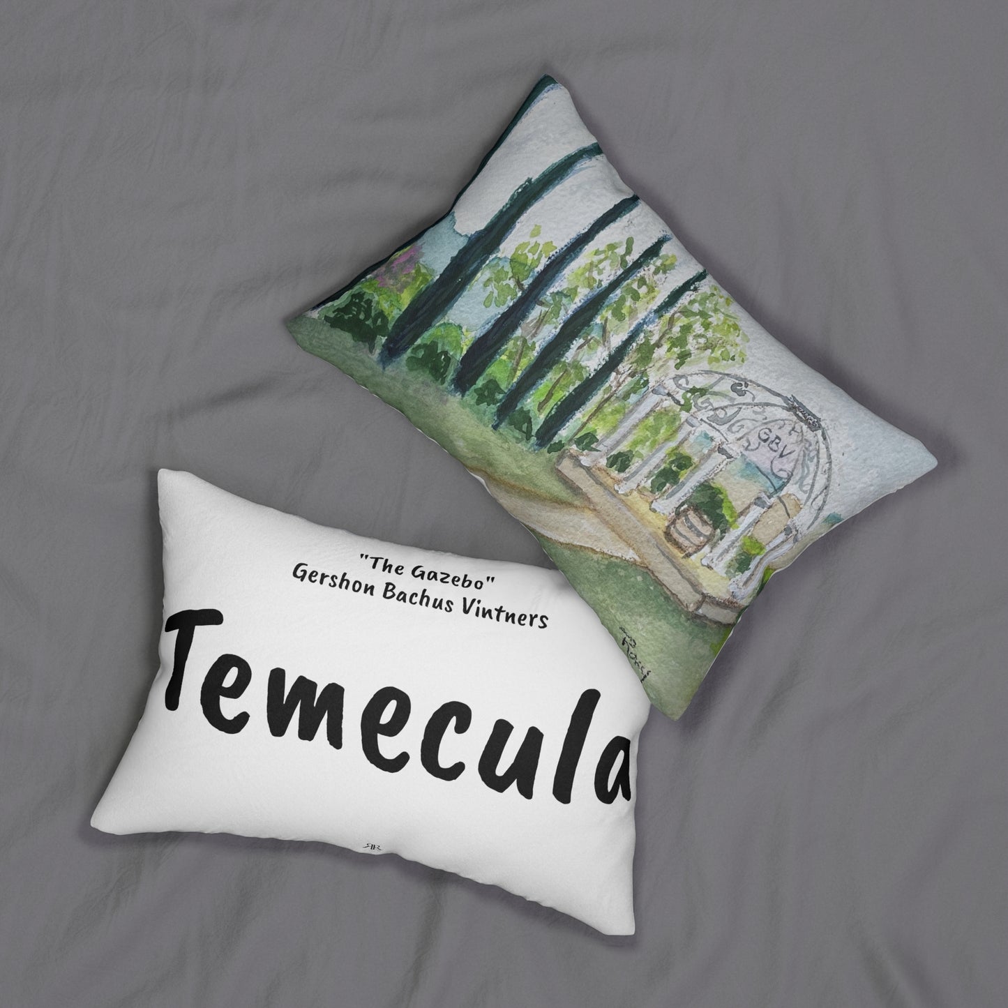 Temecula Lumbar Pillow featuring "The Gazebo" at Gershon Bachus Vintners painting and "Temecula"