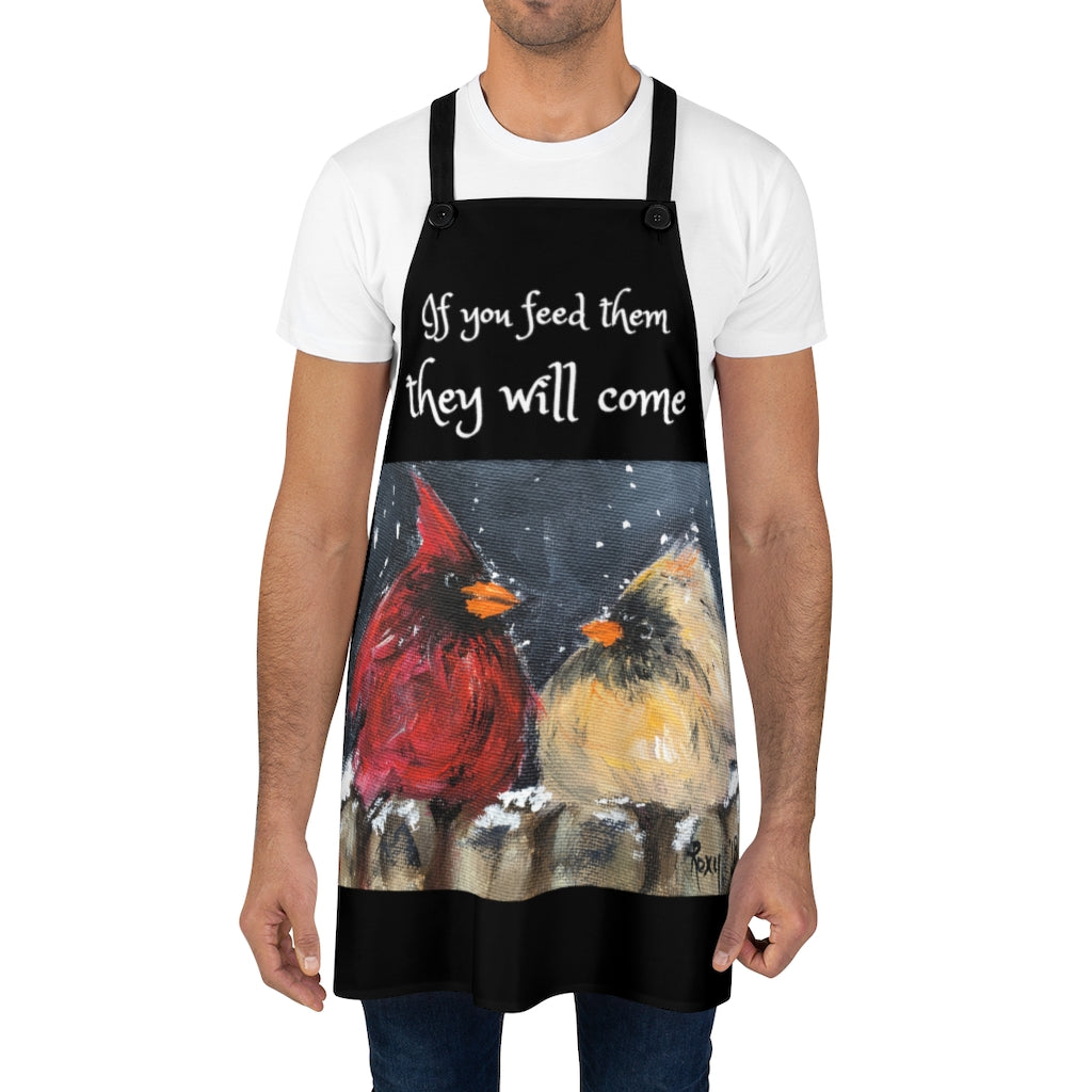 If you feed them they will come cute Kitchen Apron  with male and female cardinals in the snow painting by Roxy Art Print Wearable Art