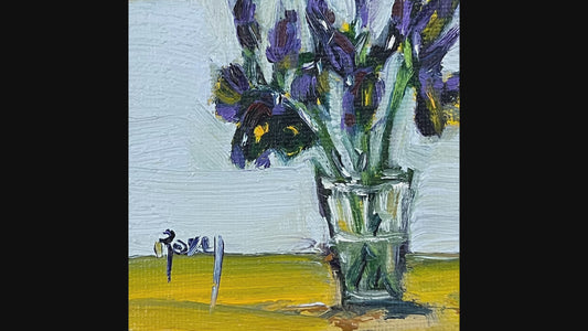 Iris -Peinture à l’huile miniature originale avec support