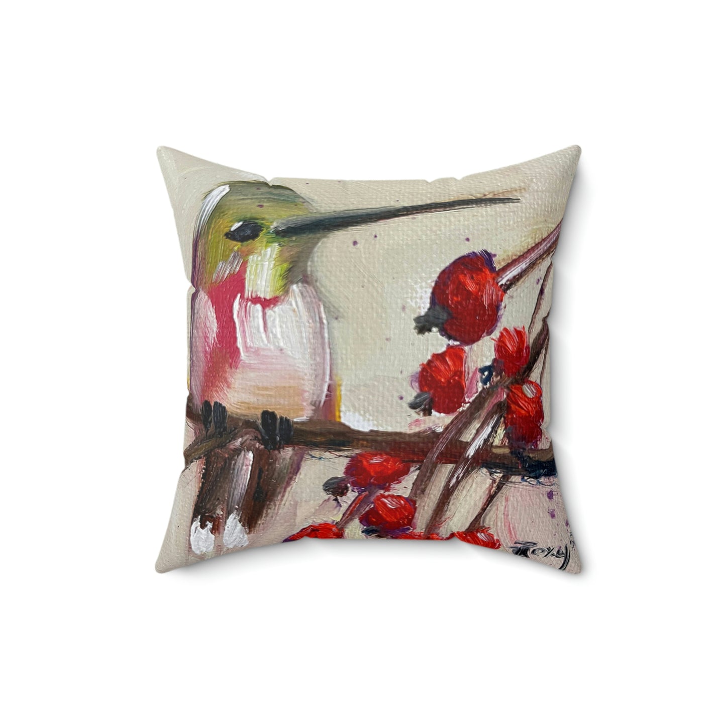 Hummingbird with Berries Indoor Spun Polyester Square Pillow