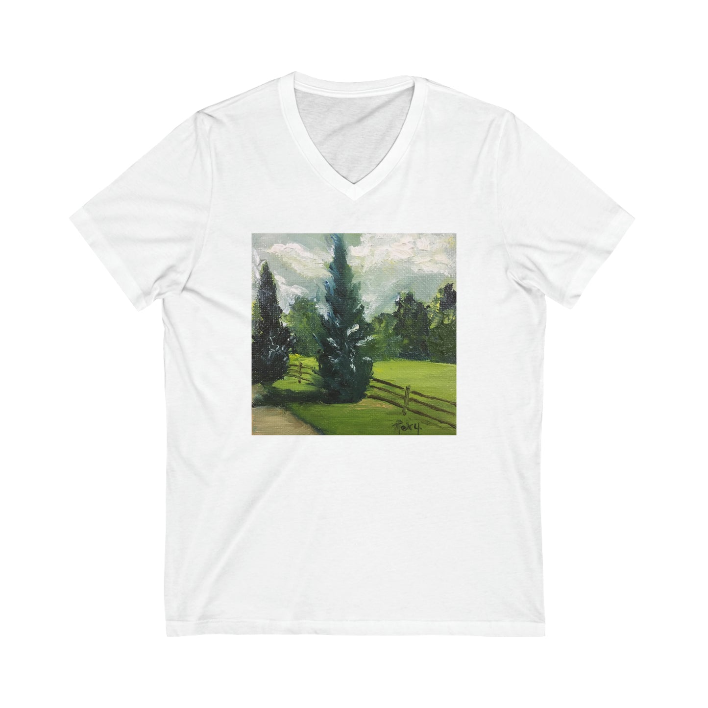 Cypress Tree Landscape-Unisex Jersey Short Sleeve V-Neck Tee