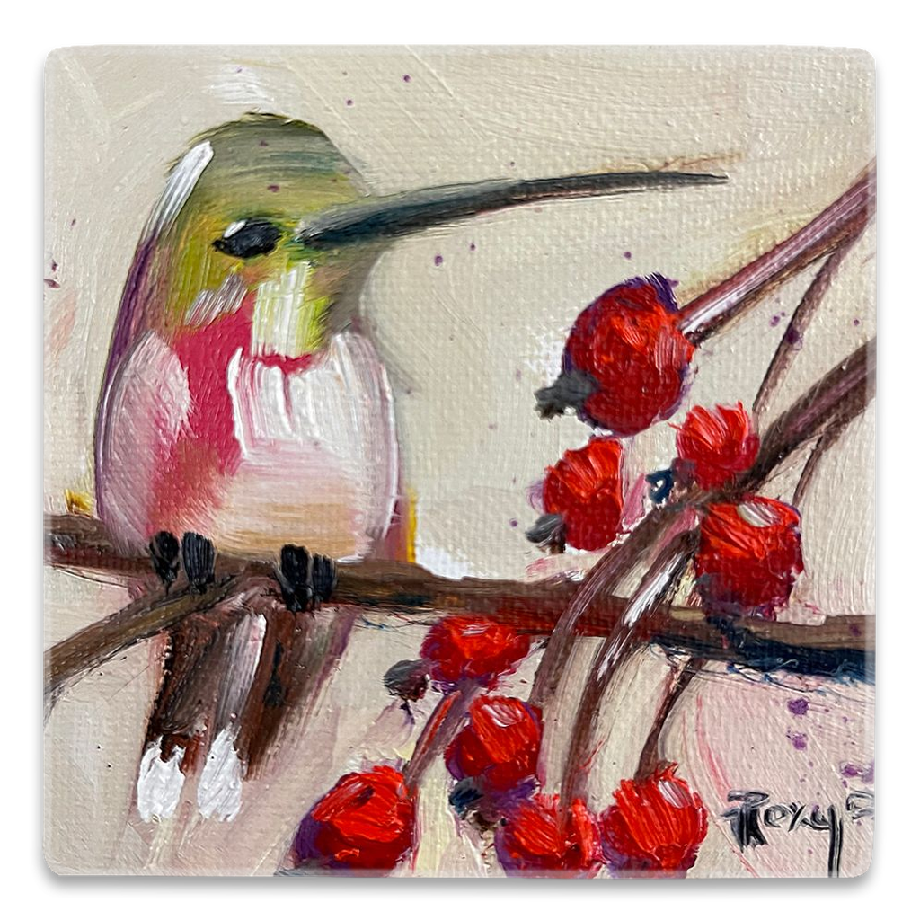 Hummingbird on a Berry Branch Square Magnet