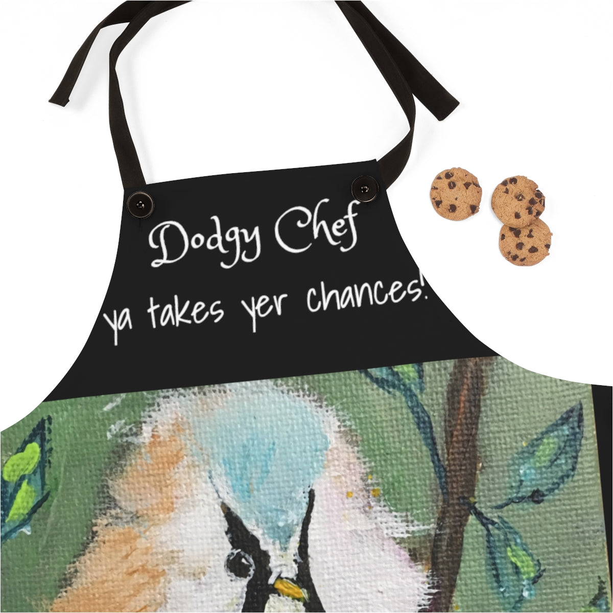 Dodgy Chef Apron funny British UK phrase saying on a Black Kitchen Apron  with Original  Bearded Tit Painting Art Print Wearable Art