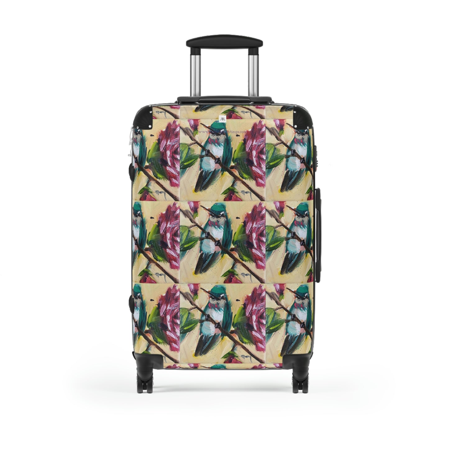 Colibri sur une valise à main à motifs de rosier (trois tailles disponibles)