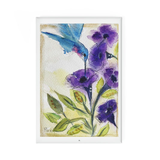 Imán de botón de colibrí con flores de tubo púrpura, rectángulo