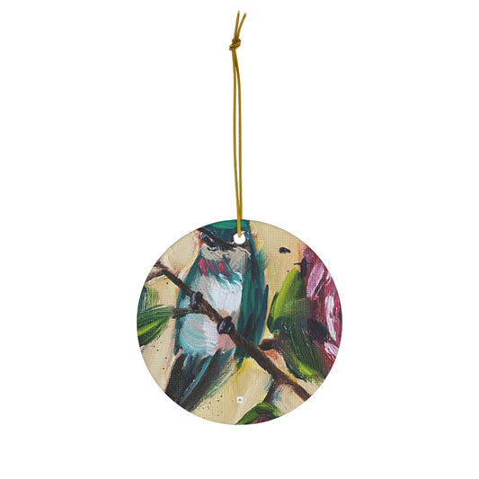 Hummingbird on a Rose Bush  Ceramic Ornament