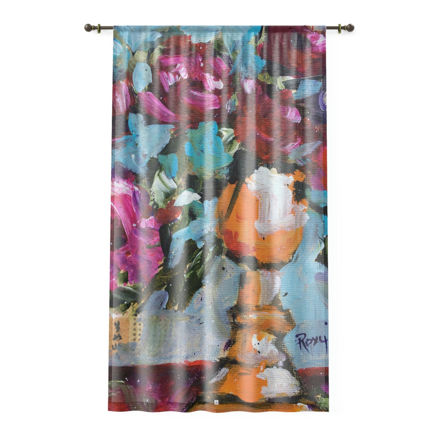Pink Roses in an Orange Goblet 84 x 50 inch Sheer Window Curtain