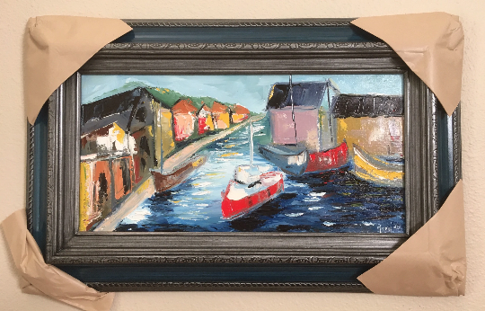 Mevagissey Harbour Peinture à l’huile originale encadrée
