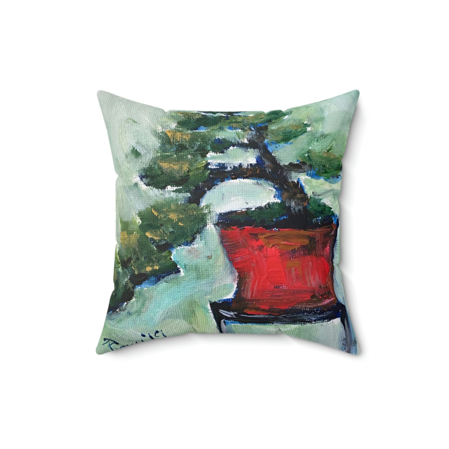 Bonsai en una almohada cuadrada de poliéster hilado para interiores con maceta roja