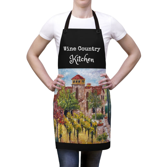 Wine Country Kitchen Chef Delantal de cocina negro con original Temecula Vineyard Painting Art Print Wearable Art