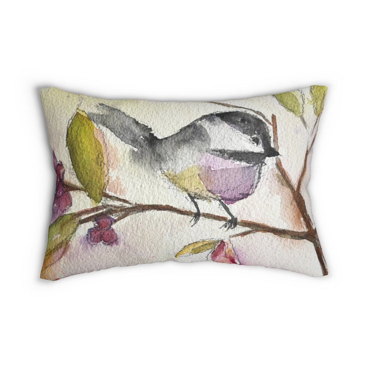 Chickadee Perched in a Berry Tree Lumbar Pillow