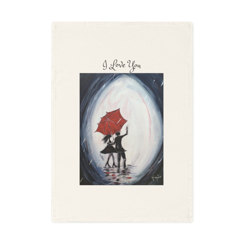 Te amo Toalla de té de algodón vegano orgánico con pintura original de París de una pareja romántica caminando bajo la lluvia