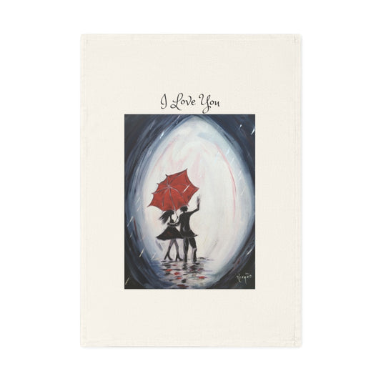 Je t'aime Torchon en coton végétalien biologique avec peinture originale de Paris d'un couple romantique en marchant sous la pluie imprimé