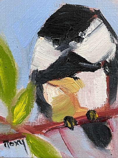 Adorable peinture à l’huile miniature Chickadee-Original avec support