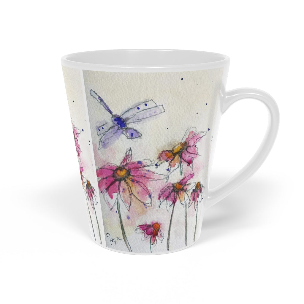 Whimsical Purple Dragonfly with Pink Coneflowers  Latte Mug, 12oz