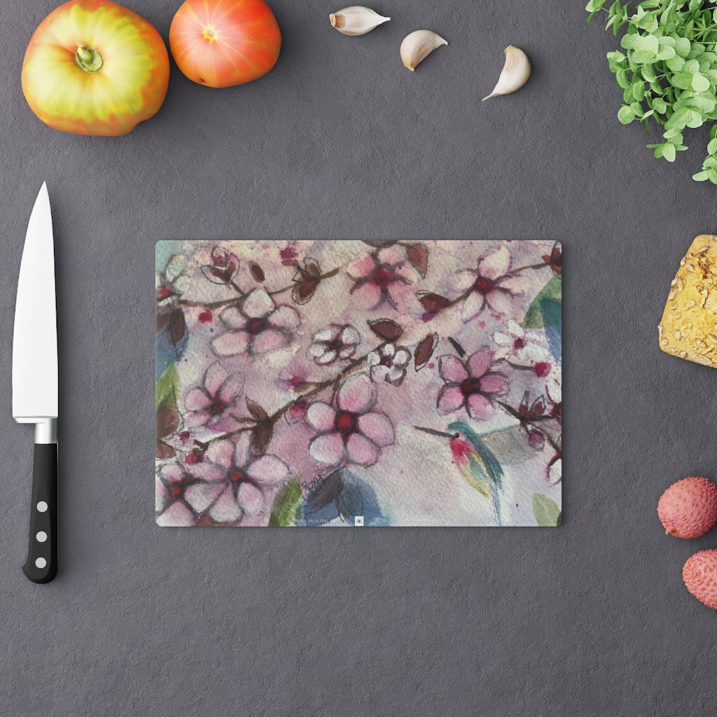 Hummingbird in Cherry Blossoms Glass Cutting Board