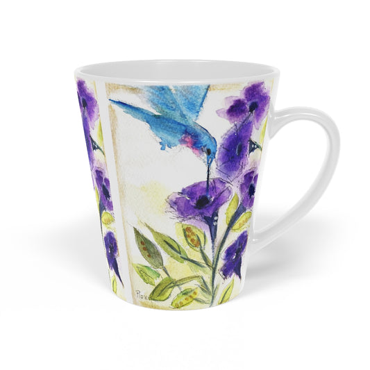 Tasse à latte Colibri avec fleurs violettes, 12 oz
