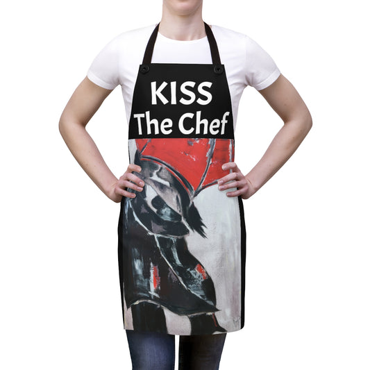 Kiss the Chef on a Black Kitchen Apron  with Original  Lovers under Red Umpbrella
