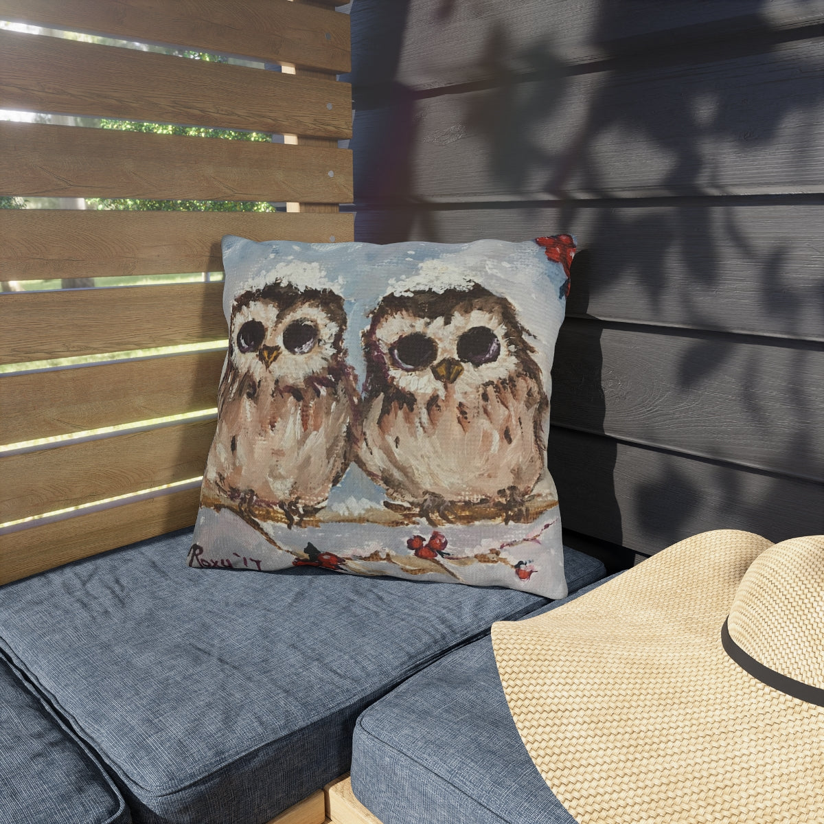 Adorable Baby Owls in Snow Outdoor Pillows