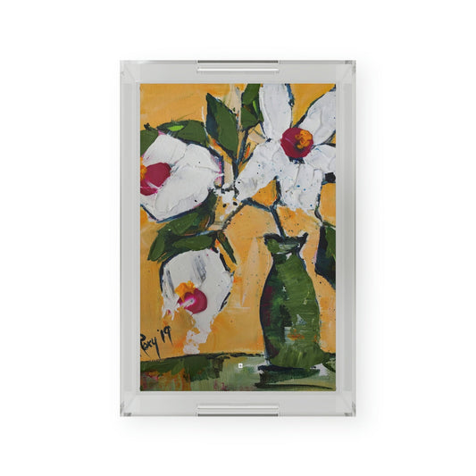 Abstract Gardenia Flowers in a Green Vase Acrylic Tray