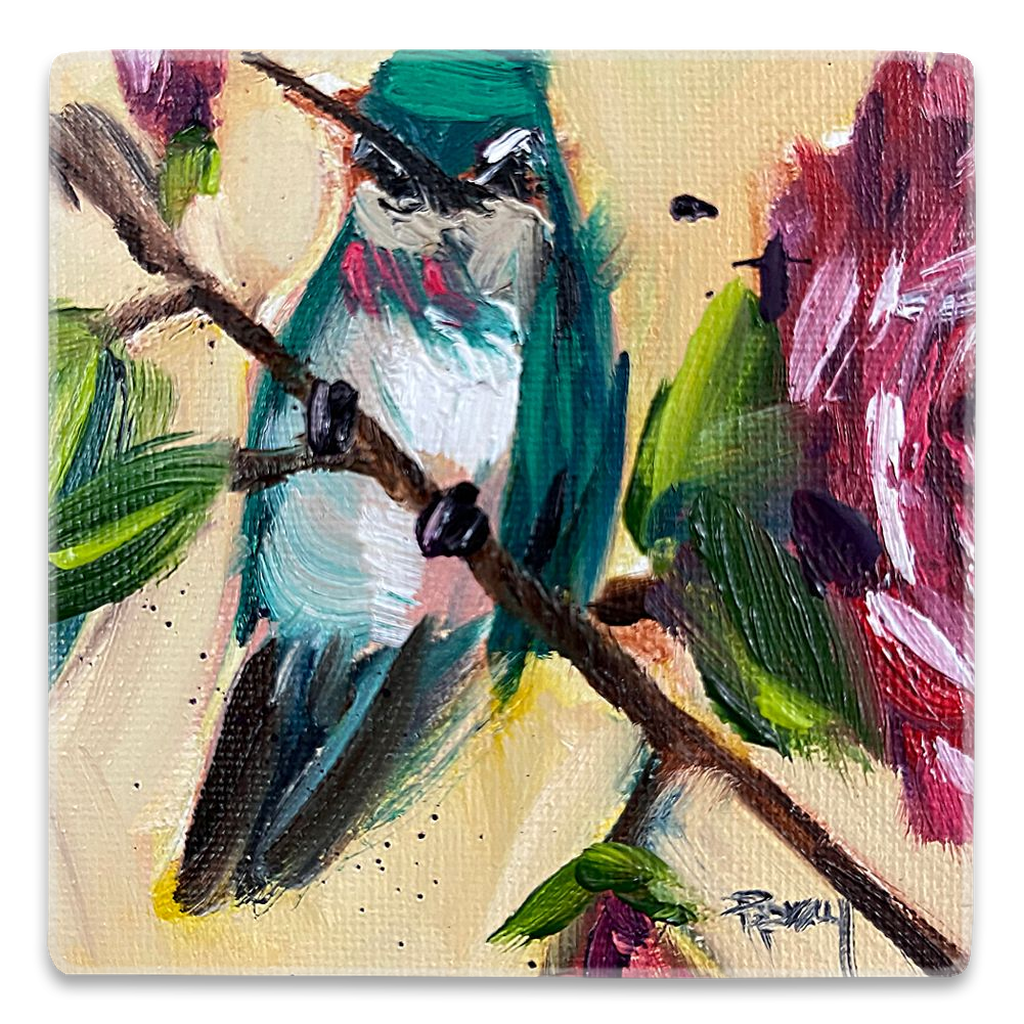 Hummingbird on a Rose Bush Square Magnet – Roxy Rich Fine Art